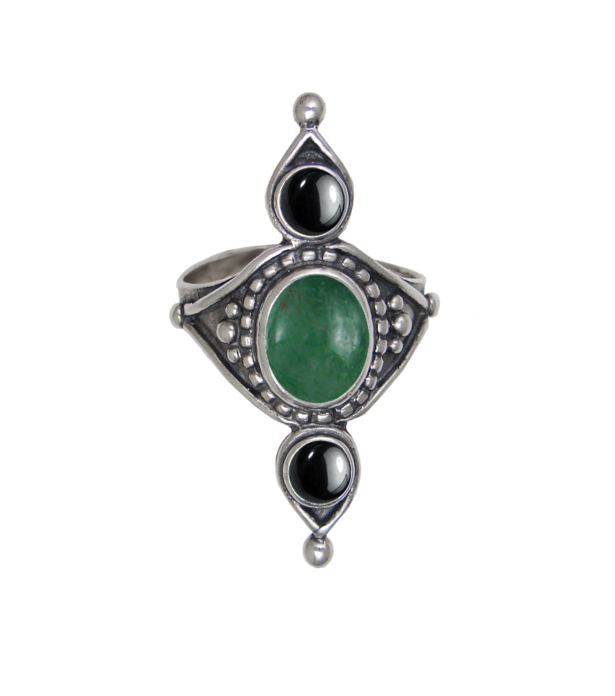 Sterling Silver Royal Ring With Jade And Hematite Size 10